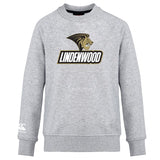 The Lindenwood University Rugby Club Crew Sweatshirt by WRS Canterbury is an ultra-soft gray sweatshirt adorned with "Lindenwood" and a lion graphic on the front, ideal for cozy days. It includes an embroidered CCC logo on the left sleeve, providing a distinguished touch to this Canterbury creation.