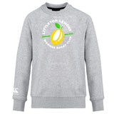The Littleton Women Rugby Club Club Crew Sweatshirt by Canterbury features a gray ultra-soft fabric with a yellow lemon graphic and "Littleton Lemons Women's Rugby Club Squeezin' since 2021" on the front. Brand: WRS Canterbury.