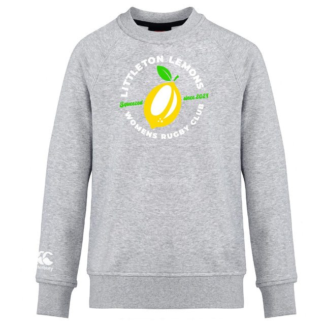The Littleton Women Rugby Club Club Crew Sweatshirt by Canterbury features a gray ultra-soft fabric with a yellow lemon graphic and "Littleton Lemons Women's Rugby Club Squeezin' since 2021" on the front. Brand: WRS Canterbury.