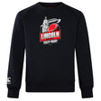 The Lincoln City Youth Rugby Club Crew Sweatshirt by WRS Canterbury is ultra soft, black, and features an embroidered "Lincoln City Youth Rugby" chest logo with a red rugby ball, white building, and a Canterbury logo on the left sleeve.