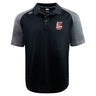 The Lincoln City Youth Rugby Elite Polo by EMB Canterbury features black and gray short sleeves, the Lincoln Fire & Rescue logo on the left chest, Canterbury logo on the right shoulder, and moisture-wicking Vapodri fabric.