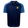 The Littleton Women Rugby Club Elite Polo by EMB Canterbury features a navy body, light blue sleeves, buttoned collar, and a yellow tennis ball logo on the left chest. Made with Vapodri fabric for superior moisture wicking comfort.