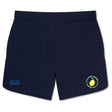 The Littleton Women Rugby Club Elite Woven Short by EMB Canterbury features a tennis-themed logo on the right leg, a small brand logo on the left, zippered pockets, and is perfect for training or any active session.