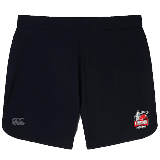 The Lincoln City Youth Rugby Elite Woven Short by EMB Canterbury features a small club logo on the right leg, a grey Canterbury logo on the left, and zippered pockets for secure storage during training.