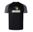 The Lindenwood University Rugby Elite Training Tee by WRS Canterbury is a lightweight black and gray t-shirt that boasts the text "Lindenwood" with a lion logo. Crafted with Vapodri fabrics, this Canterbury training tee guarantees both comfort and style for every wear.