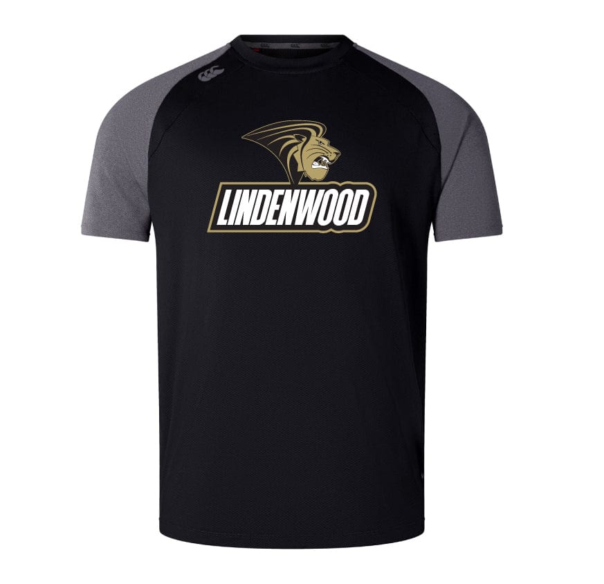 The Lindenwood University Rugby Elite Training Tee by WRS Canterbury is a lightweight black and gray t-shirt that boasts the text "Lindenwood" with a lion logo. Crafted with Vapodri fabrics, this Canterbury training tee guarantees both comfort and style for every wear.
