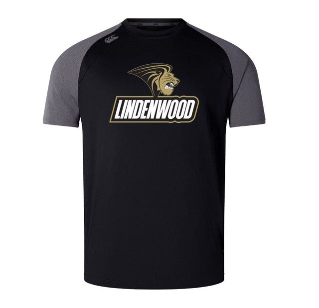 The Lindenwood University Rugby Elite Training Tee by WRS Canterbury is a lightweight black and gray t-shirt that boasts the text "Lindenwood" with a lion logo. Crafted with Vapodri fabrics, this Canterbury training tee guarantees both comfort and style for every wear.