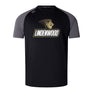 The Lindenwood University Rugby Elite Training Tee by WRS Canterbury is a lightweight black and gray t-shirt that boasts the text "Lindenwood" with a lion logo. Crafted with Vapodri fabrics, this Canterbury training tee guarantees both comfort and style for every wear.