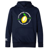 The Littleton Women Rugby Club Lightweight Hoodie by WRS Canterbury features a navy design with the club's logo, yellow lemon graphic, and "Squeezed since 2021" text—perfect for Canterbury rugby fans.
