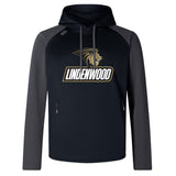 This black and gray hoodie features "Lindenwood" along with a lion logo on the front. The Lindenwood University Rugby Elite Training Hoody by WRS Canterbury offers comfort and versatility, perfectly blending performance and style for any activity.