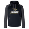 This black and gray hoodie features "Lindenwood" along with a lion logo on the front. The Lindenwood University Rugby Elite Training Hoody by WRS Canterbury offers comfort and versatility, perfectly blending performance and style for any activity.