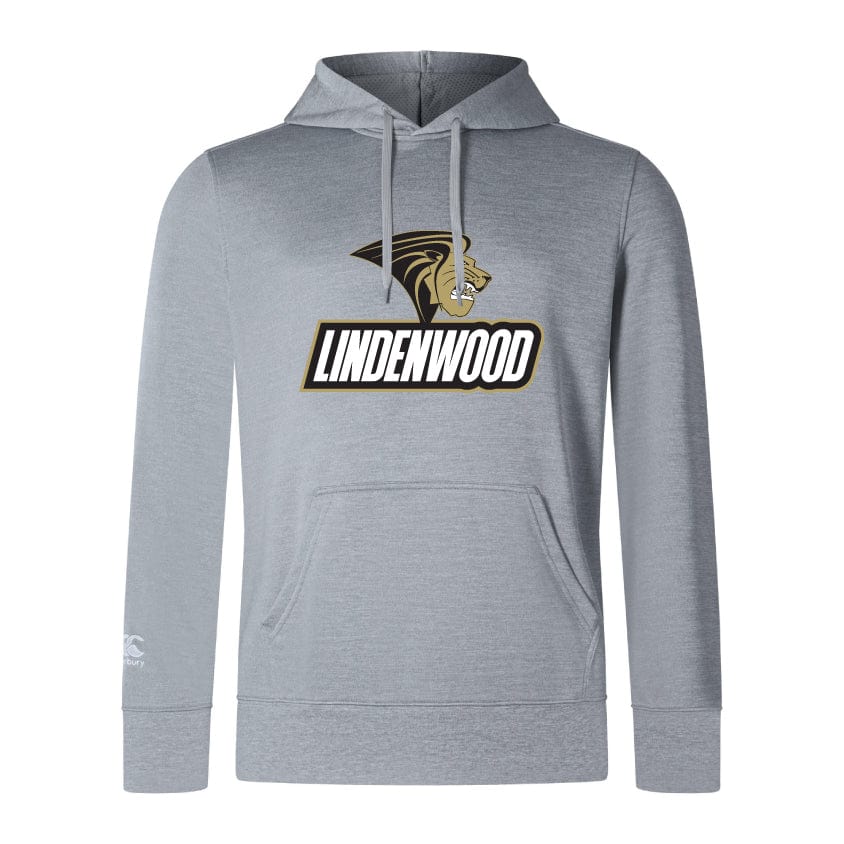 Lightweight gray hoodie from the Lindenwood University Rugby Club by WRS Canterbury, featuring a gold and black lion's head "Lindenwood" logo on the chest and a handy kangaroo pocket.