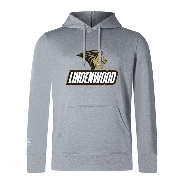 Lightweight gray hoodie from the Lindenwood University Rugby Club by WRS Canterbury, featuring a gold and black lion's head "Lindenwood" logo on the chest and a handy kangaroo pocket.