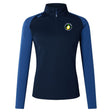 The Littleton Women Rugby Club Women's Elite First Layer by EMB Canterbury is a navy long-sleeve athletic pullover with lighter blue sleeves, VapoDri moisture-wicking tech, quarter-zip collar, and a tennis ball logo with text on the left chest.
