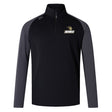 The Lindenwood University Rugby Women's Elite First Layer by EMB Canterbury is a black and gray long-sleeve sweatshirt featuring a half-zip, moisture-wicking VapoDri technology, and a panther logo with "Lindenwood" on the chest for stylish performance.
