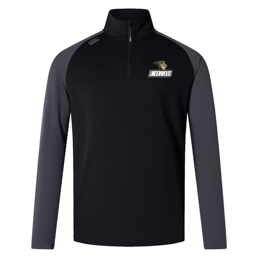 The Lindenwood University Rugby Women's Elite First Layer by EMB Canterbury is a black and gray long-sleeve sweatshirt featuring a half-zip, moisture-wicking VapoDri technology, and a panther logo with "Lindenwood" on the chest for stylish performance.