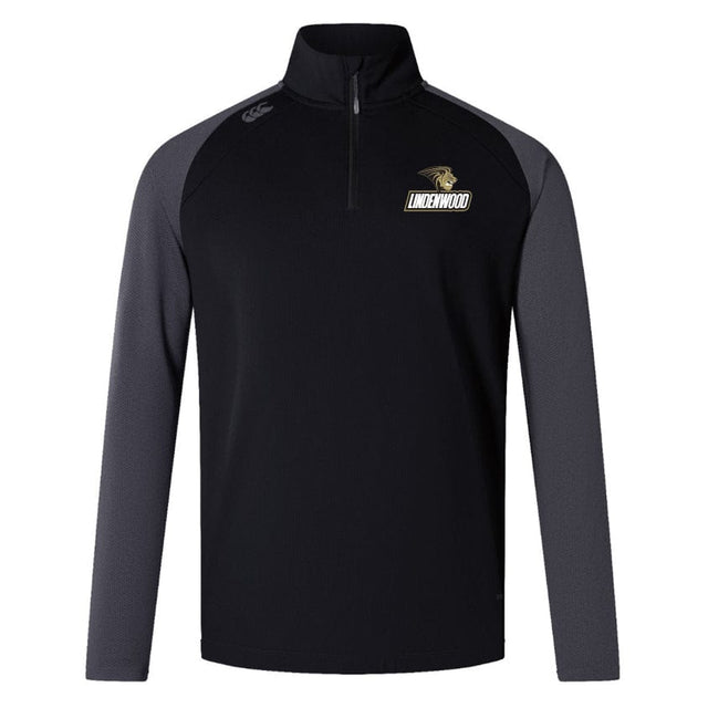 The Lindenwood University Rugby Women's Elite First Layer by EMB Canterbury is a black and gray long-sleeve sweatshirt featuring a half-zip, moisture-wicking VapoDri technology, and a panther logo with "Lindenwood" on the chest for stylish performance.