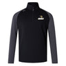 The Lindenwood University Rugby Women's Elite First Layer by EMB Canterbury is a black and gray long-sleeve sweatshirt featuring a half-zip, moisture-wicking VapoDri technology, and a panther logo with "Lindenwood" on the chest for stylish performance.