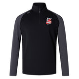 The EMB Canterbury Lincoln City Youth Rugby Elite First Layer is a black and dark gray long-sleeve quarter-zip pullover featuring the "Lincoln Track & Field" logo and mascot—perfect as a rugby training top.