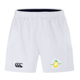 The Littleton Women Rugby Club Advantage Short 2.0 by EMB Canterbury features an elastic waistband, black Canterbury logo on the left, Littleton Lions Rugby Club logo on the right, and is made with recycled materials for comfort and sustainability.