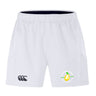 The Littleton Women Rugby Club Advantage Short 2.0 by EMB Canterbury features an elastic waistband, black Canterbury logo on the left, Littleton Lions Rugby Club logo on the right, and is made with recycled materials for comfort and sustainability.