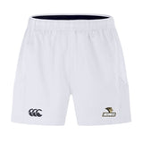 These Canterbury Lindenwood University Rugby Advantage Short 2.0 by EMB Canterbury feature an elastic waistband and display both the Canterbury logo and a Lindenwood emblem on the front. Designed for flexibility, these white sports shorts provide comfort and style, making them ideal for any workout.