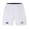 These Canterbury Lindenwood University Rugby Advantage Short 2.0 by EMB Canterbury feature an elastic waistband and display both the Canterbury logo and a Lindenwood emblem on the front. Designed for flexibility, these white sports shorts provide comfort and style, making them ideal for any workout.