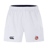 The Lincoln City Youth Rugby Advantage Short 2.0 by EMB Canterbury features an elastic waistband, black Canterbury logo on the left leg, and Lincoln Rugby Club logo on the right—designed for performance, comfort, and style.