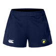 The Littleton Women Rugby Club Women's Advantage Short 2.0 by EMB Canterbury in navy blue features a white Canterbury logo on the left and a green-yellow circular logo on the right leg—ideal women's performance shorts for comfort and style.