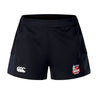 The Lincoln City Youth Rugby Women's Advantage Short 2.0 by EMB Canterbury features logos on both legs and is crafted from recycled materials for eco-friendly, high-performance training.