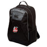 The Lincoln City Youth Rugby Medium Backpack by EMB Canterbury features black fabric with gray accents, a front zipper pocket, side mesh pocket, padded laptop pocket, water-repellent fabric, and an embroidered Lincoln Youth Rugby logo.