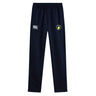 The Littleton Women Rugby Club Stretch Tapered Pant by EMB Canterbury features an elastic waistband, a white Canterbury logo on the left, and a circular green and yellow emblem on the right thigh—ideal for stylish women's workouts.