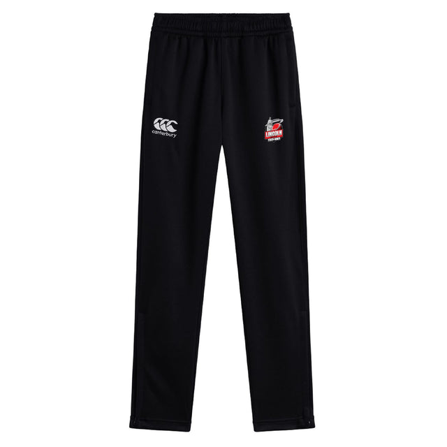 The Lincoln City Youth Rugby Stretch Tapered Pant by EMB Canterbury features an elastic waistband, quick-dry fabric, the Canterbury logo on the left thigh, and a red and white badge on the right thigh for all-day comfort.
