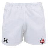The Lincoln City Youth Rugby Advantage Rugby Shorts by EMB Canterbury feature a black Canterbury logo on the left leg and a red and black Lincoln Youth Rugby logo on the right leg.