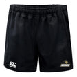 The Lindenwood University Rugby Advantage Rugby Shorts by Canterbury showcase the "Canterbury" logo on the left and the "Lindenwood" logo on the right. Crafted from moisture-wicking fabric, these shorts feature an elastic waistband and a sleek, pocketless design, making them ideal for comfort during intense play.