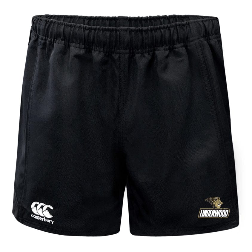 The Lindenwood University Rugby Advantage Rugby Shorts by Canterbury showcase the "Canterbury" logo on the left and the "Lindenwood" logo on the right. Crafted from moisture-wicking fabric, these shorts feature an elastic waistband and a sleek, pocketless design, making them ideal for comfort during intense play.