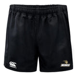 The Lindenwood University Rugby Advantage Rugby Shorts by Canterbury showcase the "Canterbury" logo on the left and the "Lindenwood" logo on the right. Crafted from moisture-wicking fabric, these shorts feature an elastic waistband and a sleek, pocketless design, making them ideal for comfort during intense play.
