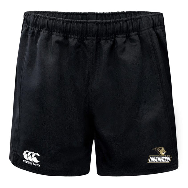 The Lindenwood University Rugby Advantage Rugby Shorts by Canterbury showcase the "Canterbury" logo on the left and the "Lindenwood" logo on the right. Crafted from moisture-wicking fabric, these shorts feature an elastic waistband and a sleek, pocketless design, making them ideal for comfort during intense play.