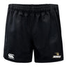 The Lindenwood University Rugby Advantage Rugby Shorts by Canterbury showcase the "Canterbury" logo on the left and the "Lindenwood" logo on the right. Crafted from moisture-wicking fabric, these shorts feature an elastic waistband and a sleek, pocketless design, making them ideal for comfort during intense play.