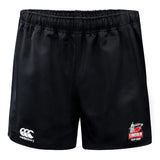 Lincoln City Youth Rugby Advantage Rugby Shorts by EMB Canterbury feature an elastic waistband, the Canterbury logo on the left leg, and the Lincoln Youth Rugby logo on the right leg.