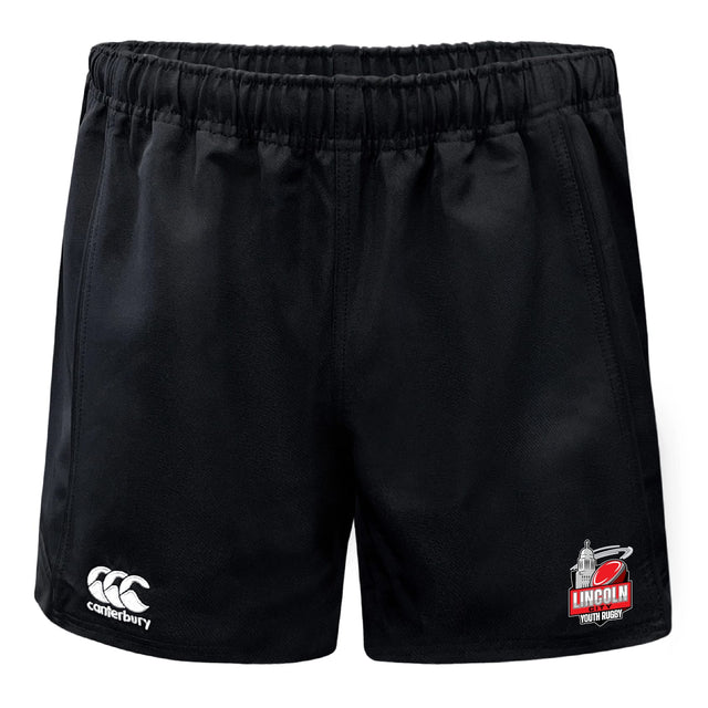 Lincoln City Youth Rugby Advantage Rugby Shorts by EMB Canterbury feature an elastic waistband, the Canterbury logo on the left leg, and the Lincoln Youth Rugby logo on the right leg.