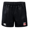 Lincoln City Youth Rugby Advantage Rugby Shorts by EMB Canterbury feature an elastic waistband, the Canterbury logo on the left leg, and the Lincoln Youth Rugby logo on the right leg.