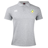 Light grey women's polo shirt with a collar, featuring a white Canterbury logo on the right chest and a green-yellow emblem on the left—perfect as the EMB Canterbury Littleton Women Rugby Club Waimak Polo.