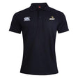 The Lindenwood University Rugby Waimak Polo by EMB Canterbury is a black rugby shirt with a collar, made from a comfortable cotton polyester blend. It features embroidered logos: a white Canterbury logo on the left chest and a Lionwood logo on the right chest.