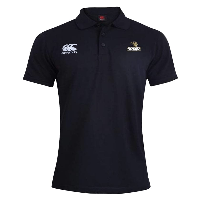 The Lindenwood University Rugby Waimak Polo by EMB Canterbury is a black rugby shirt with a collar, made from a comfortable cotton polyester blend. It features embroidered logos: a white Canterbury logo on the left chest and a Lionwood logo on the right chest.