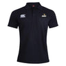The Lindenwood University Rugby Waimak Polo by EMB Canterbury is a black rugby shirt with a collar, made from a comfortable cotton polyester blend. It features embroidered logos: a white Canterbury logo on the left chest and a Lionwood logo on the right chest.