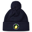 The Littleton Women Rugby Club Pom Pom Beanie by Canterbury features navy blue fleece lining, a pom-pom, and the club's yellow lemon logo on the front cuff. Brand: EMB Canterbury.