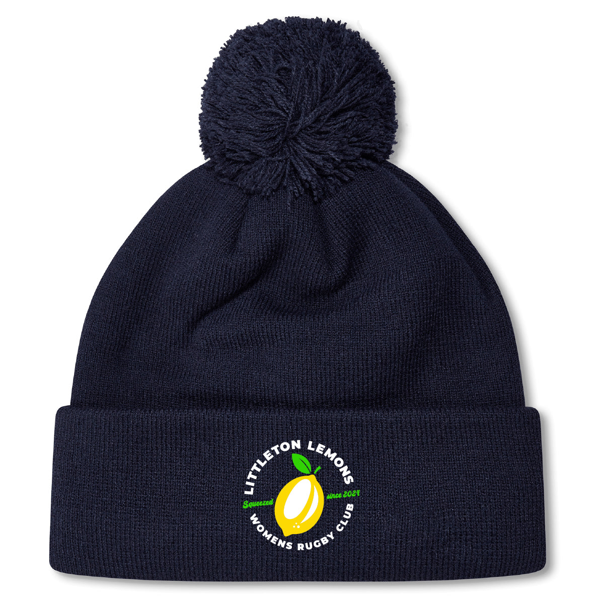 The Littleton Women Rugby Club Pom Pom Beanie by Canterbury features navy blue fleece lining, a pom-pom, and the club's yellow lemon logo on the front cuff. Brand: EMB Canterbury.