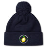 The Littleton Women Rugby Club Pom Pom Beanie by Canterbury features navy blue fleece lining, a pom-pom, and the club's yellow lemon logo on the front cuff. Brand: EMB Canterbury.