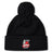 The Lincoln City Youth Rugby Pom Pom Beanie by EMB Canterbury is a black knit hat with a cozy fleece lining, bobble design, and an embroidered "Lincoln Youth Rugby" logo on the front cuff.